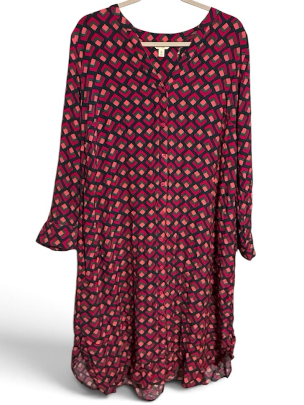 Terra & Sky Pink Green Geometric Button-Front Long Sleeve Dress Pockets 14W